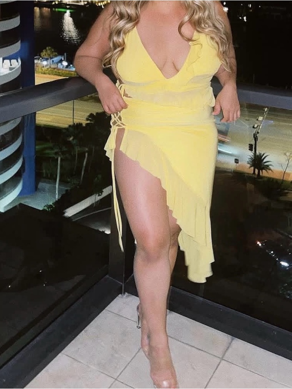 Yellow Ruffled Asymmetrical Wrap top and ruffle skirt set